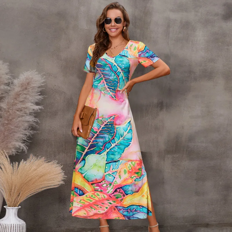 

Женское свободное платье с коротким рукавом, повседневное пляжное платье с принтом, Новинка лета 2022