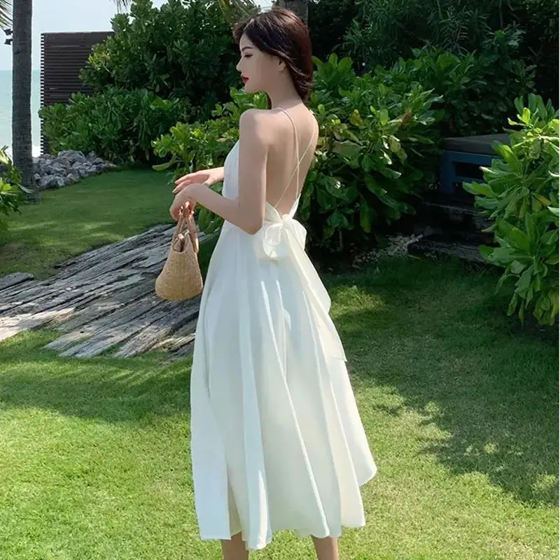 

Women White Satin Spaghetti Strap Dress Sexy Summer Beach Dress Holiday Sleeveless Bow Lace Up Bandage Elegant Backless Dresses