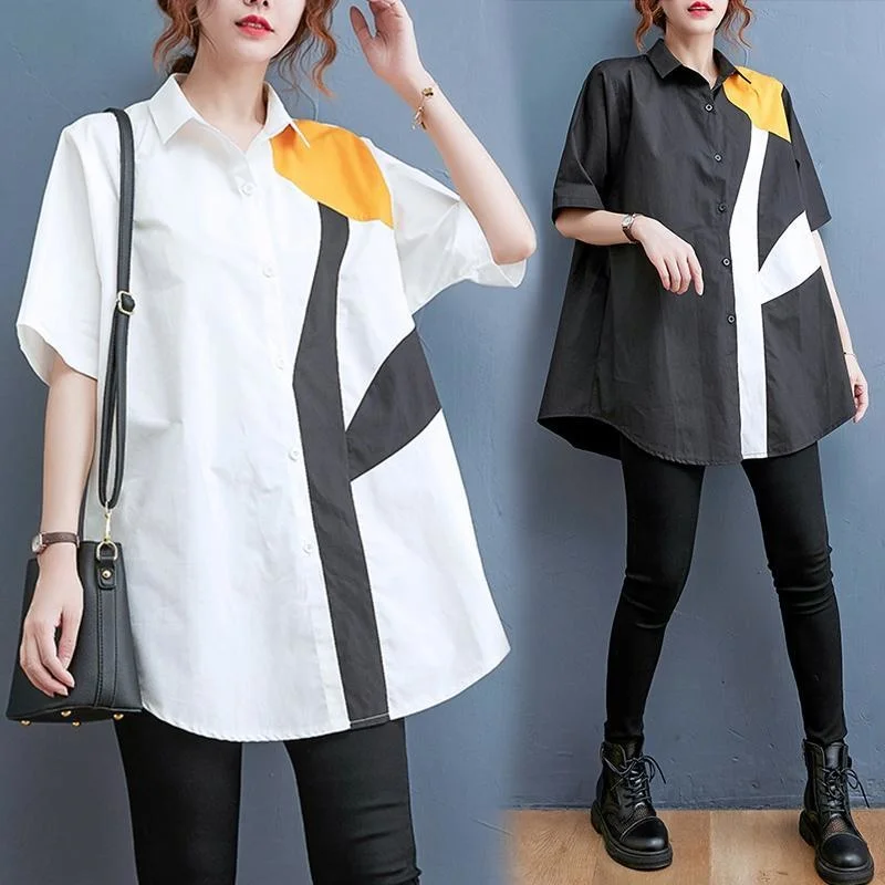 

Fashion Short-sleeve Shirts Women 2023 Summer Thin Stitching Chic Blouse Loose Tops Korean T-shirt Single-breasted Shirt Female