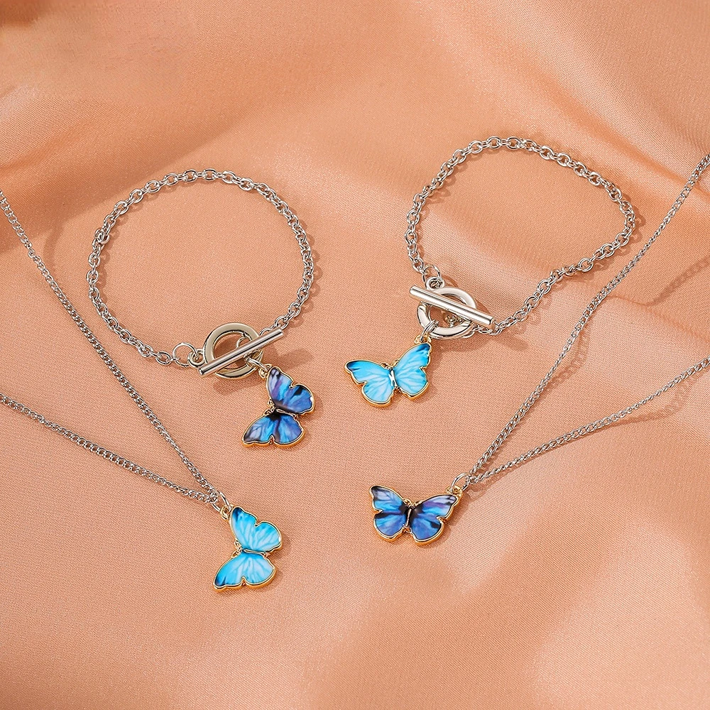 

New Fashion Gradual Butterfly Necklace Bracelet Sen Color Couple Collar Chain Butterfly Bracelet Jewelry Set Necklace for Women