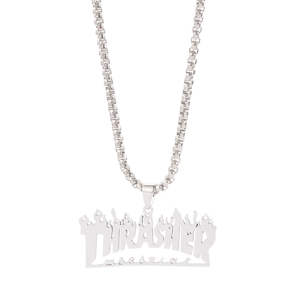 Fashion Stainless Steel Punk Flame letters Necklace Personalized Thrasher alphabet Choker Pendant Jewelry Gift For Women Men images - 6