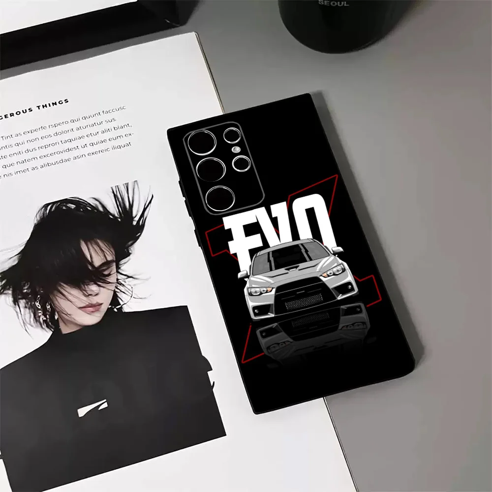 Cool Black EVO X Refit Car Phone Case For Samsung S24 23 22 30 21 10 9 Ultra Plus Lite FE 5G Soft