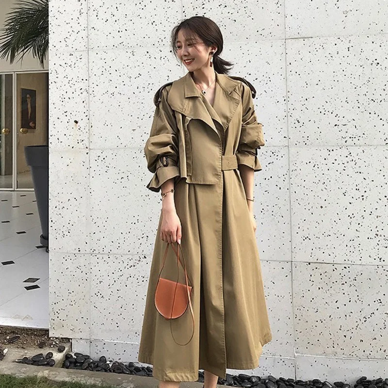 

Khaki Long Trench Coat For Women Casual Suit Loose Korean Fashion Tooling Windbreaker Jackets Casaco Feminino Chaquetas De Mujer