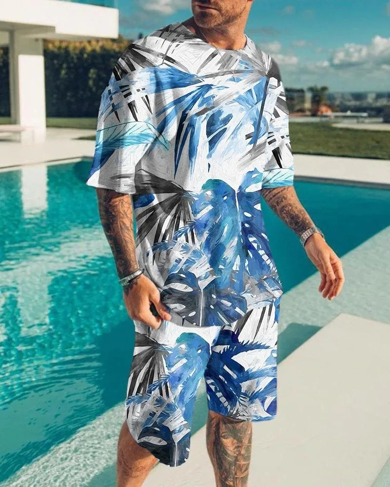 Summer Men's Resort Style T-shirt Suit Seaside Sunset Coconut Tree Hawaiian Short Sleeve Suit Oversized O-neck Tracksuit For Man