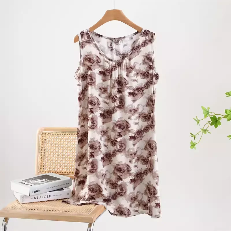 Cotton Silk Nightdress Women Summer Sleeveless Vest Bourette Pajamas Dress Floral Artificial Comfortable Plus size Thin