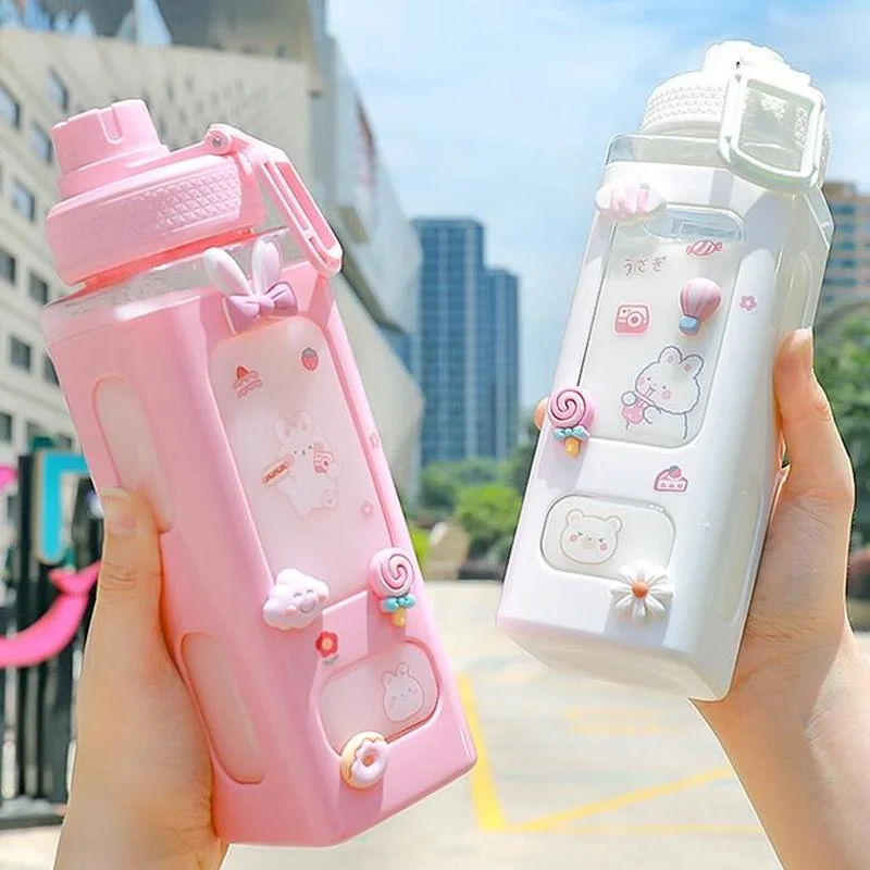 

700ml/900ml Cute Water Bottle with Lid Straw Sticker Plastic Juice Milk Portable Kawaii Tumbler Girls KidsChildren Drinkware