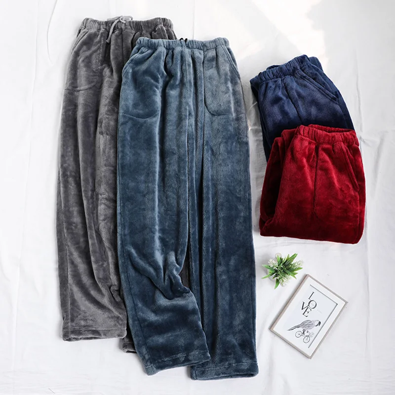 Men Winter Thick Flannel Sleeping Pants Casual Pocket Pajama High Waist Loose Plus Velvet Home Pants Coral Fleece Male Sleepwear