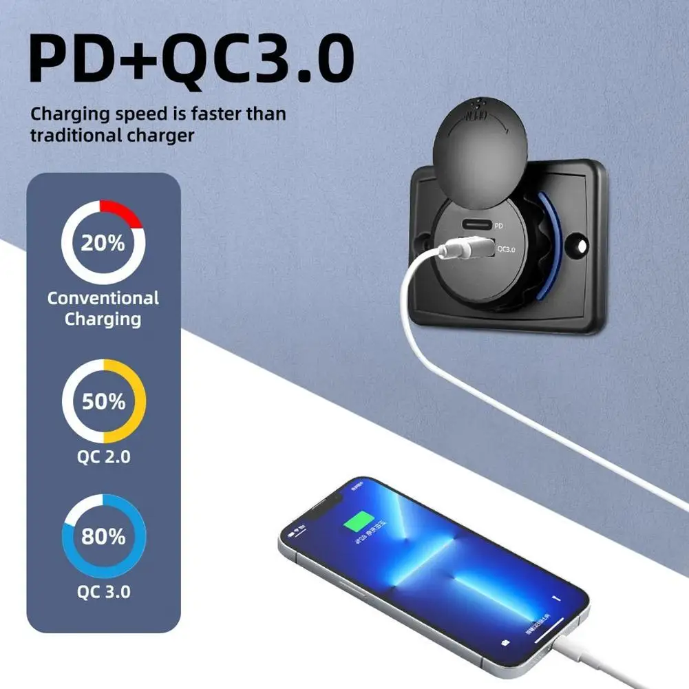 

36W QC3.0+PD Dual USB Port Charger Car RV Fast Charger Socket Adapter Power Outlet Waterproof For Most 12V/24V Vehicles