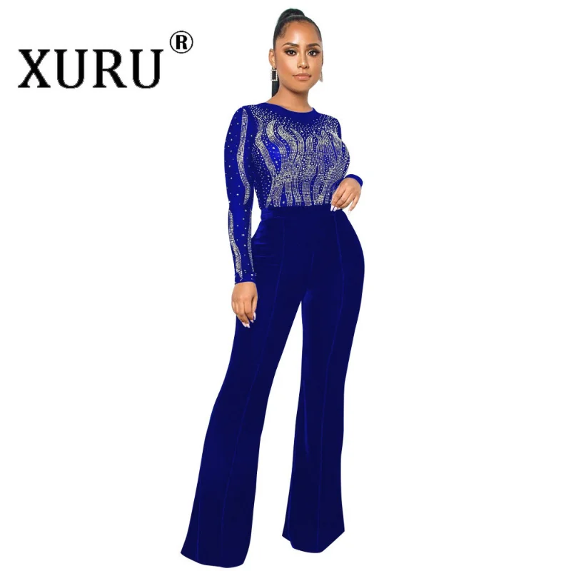 XURU New Women's Jumpsuit, Sexy Round Neck Perspective Hot Drill Jumpsuit, Polyester Mesh Stitching Velvet Loose Jumpsuit