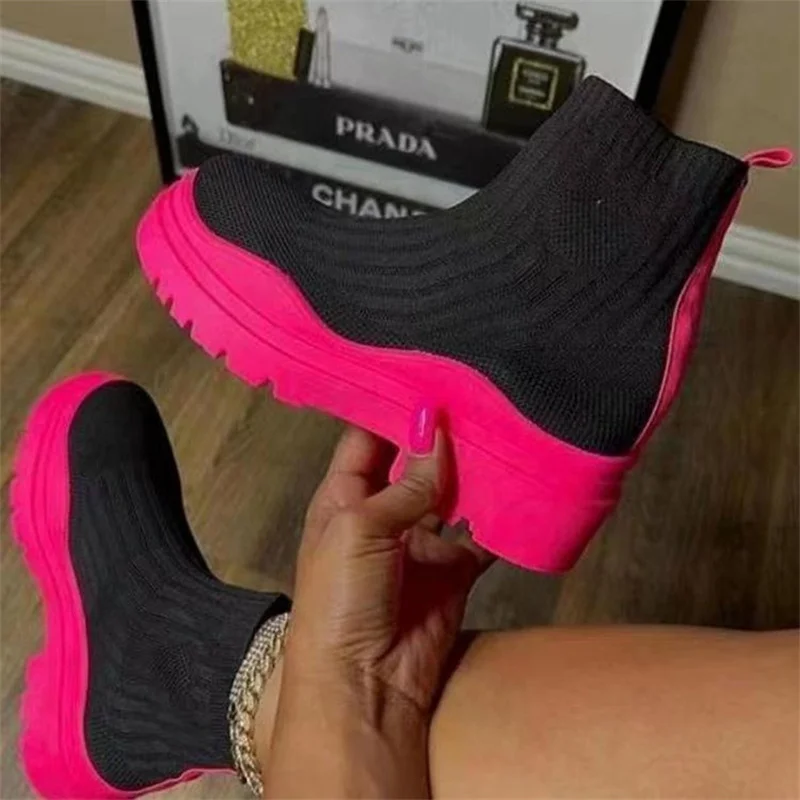 2023 Women Luxury Brand Autumn/winter Round Toe Mid-heel Knitted Elastic Socks Women's Plus Size Casual Boots Wool Short Boots