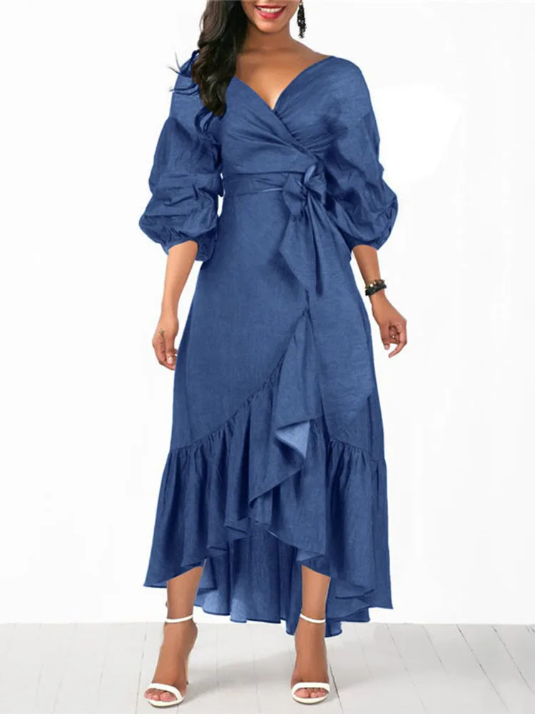 

VONDA Women Summer Elegant Bohemian Irregular Dress Fashion Ruffled Party Maxi Vestido Belted 2022 3/4 Sleeve V Neck Long Dress