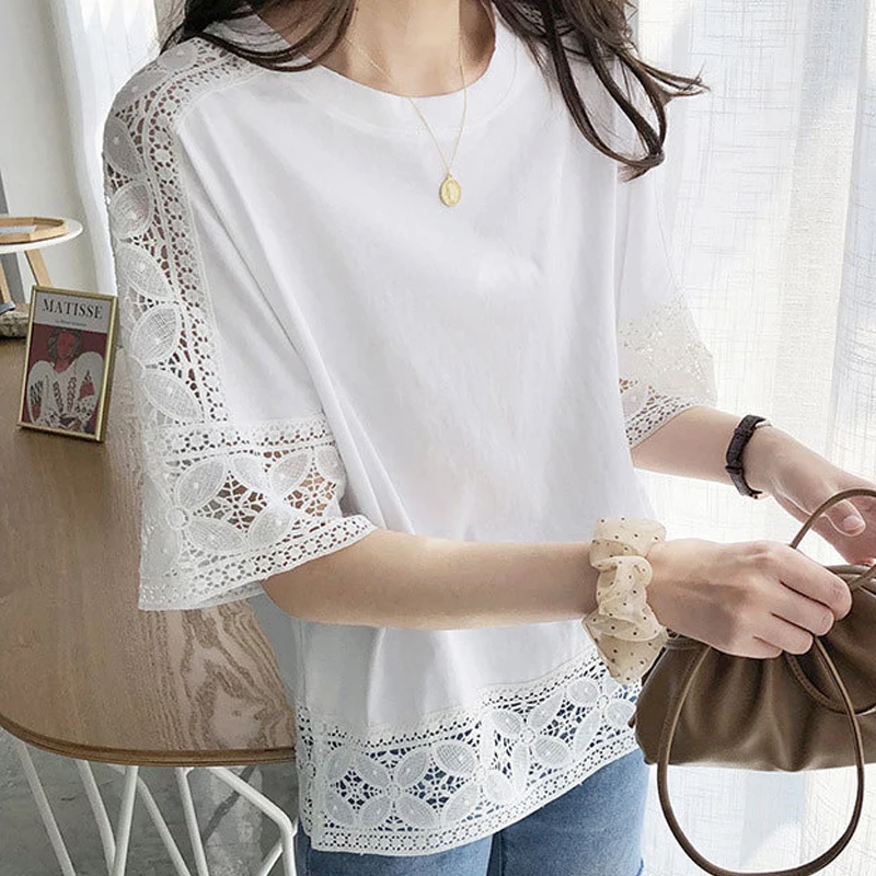 

Fashion Women T-shirt O-Neck Summer Half Sleeve Knitted Tee Lace T-Shirt Casual Hollow Splicing Tees Tops Women Clothing 22197