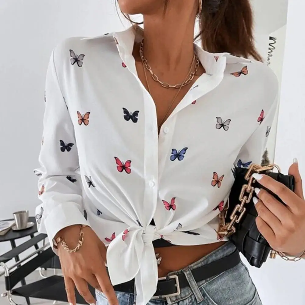 

Lapel Women Shirt Heart Butterflies Print Lapel Shirt Women's Spring/autumn Single Breasted Long Sleeve Top Streetwear Fashion