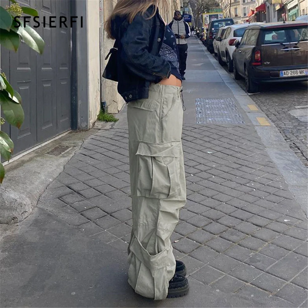 

SFSIERFI Cargo Pants Baggy Jeans Women Fashion 90s Streetwear Pockets Wide Leg Low Waist Straight Y2k Vintage Trousers Overalls