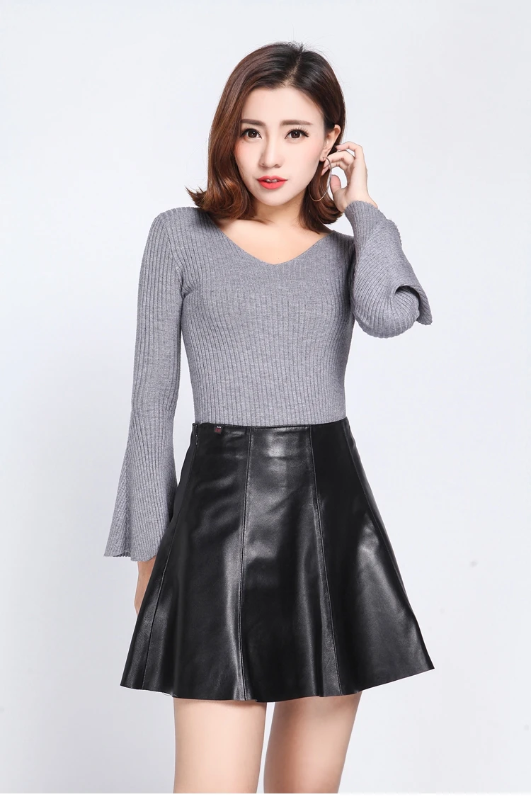 YR!Free shipping.2022 brand quality women genuine leather A skirt.black soft sheepskin skirts.fashion slim classic leather Skirt