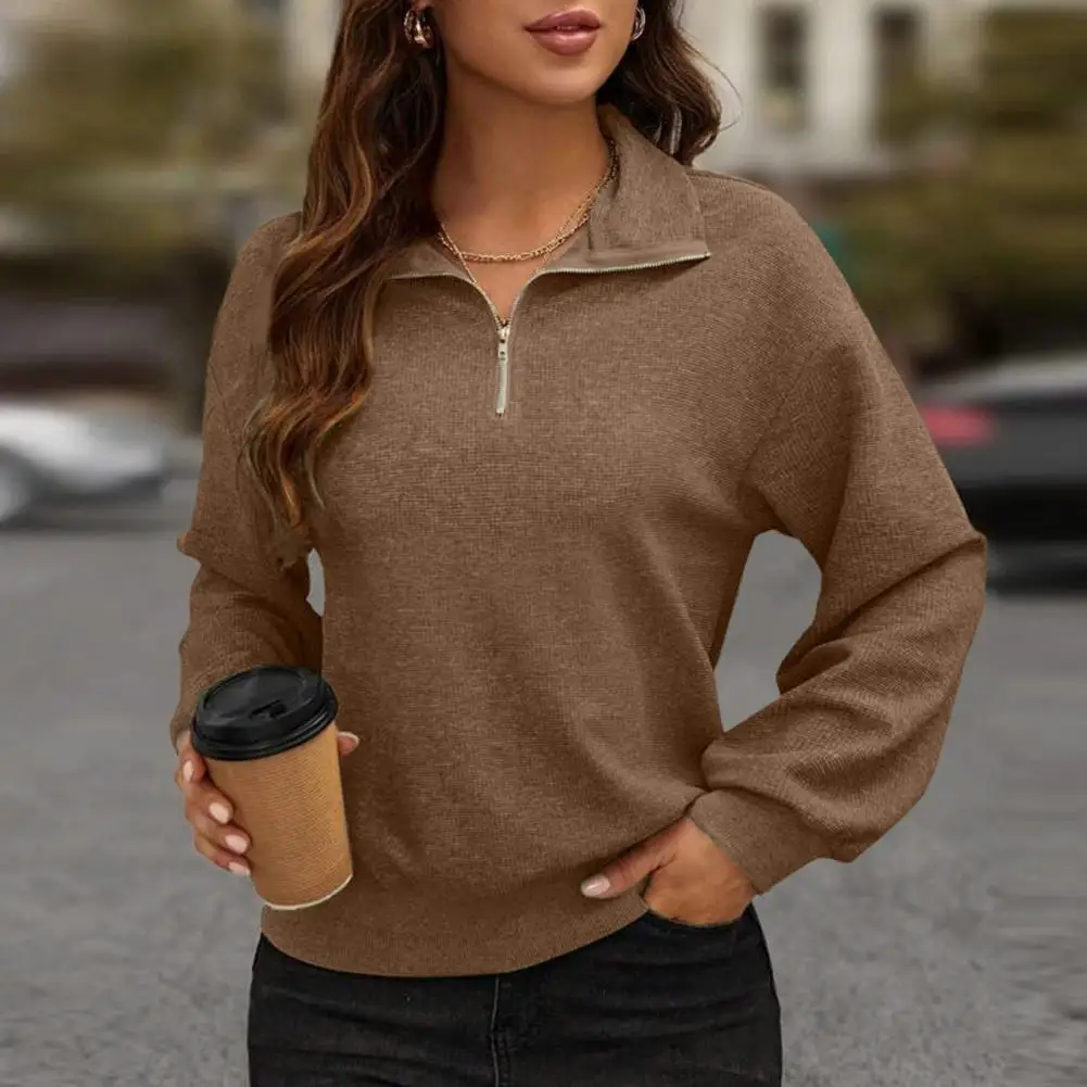 

Однотонный свитшот свободного кроя, Женская осенне-зимняя Свободная блузка на молнии с отложным воротником, Повседневный пуловер, Свитшот