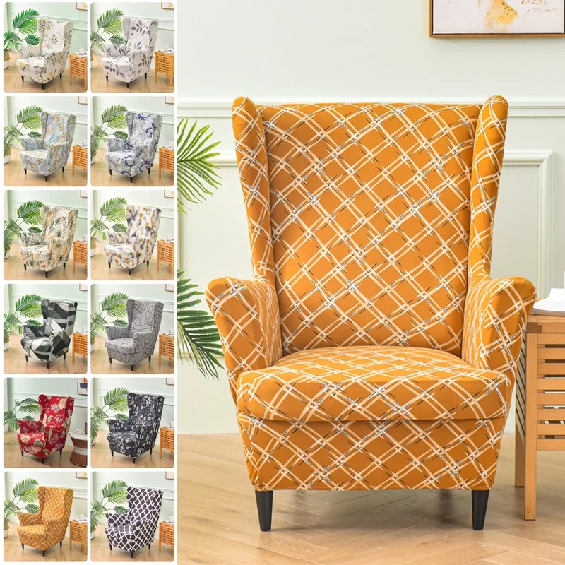 

Spandex Stretch Wing Chair Cover Floral Printed High Back Armchair Covers Elastic Relax Sofa Slipcovers with Seat Cushion Cover