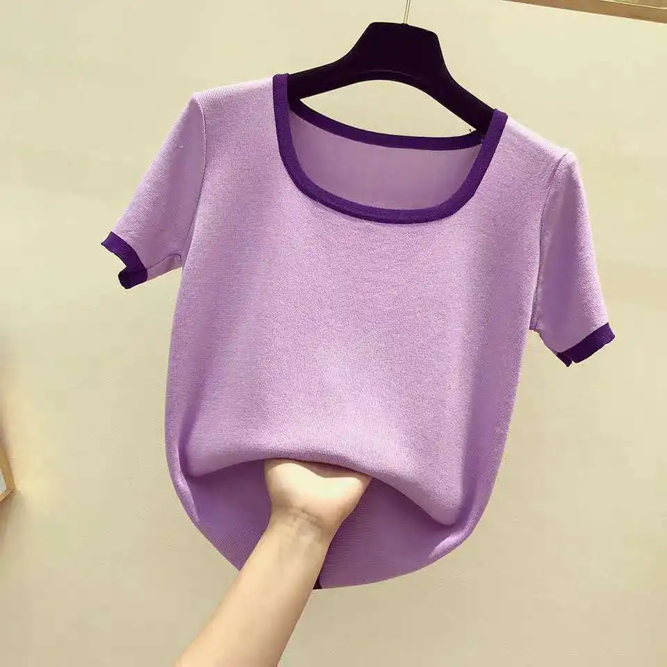 

Elegant contrasting color simple T-shirt square neck design trendy top GRAY22
