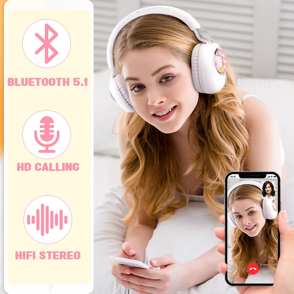 Беспроводные наушники с ушками RGB Bluetooth и микрофоном Портативные стереонаушники