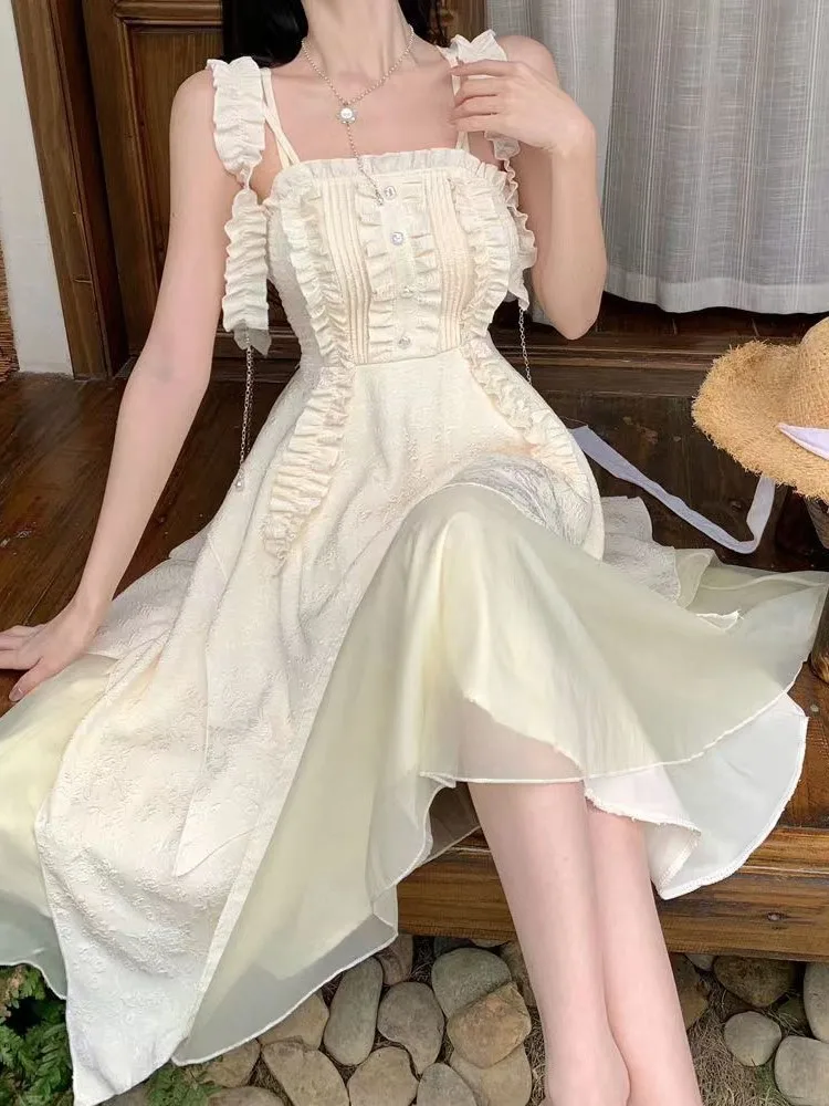 

Лето 2023, элегантное женское платье принцессы, шикарное милое платье средней длины с открытой спиной, женское платье в Корейском стиле