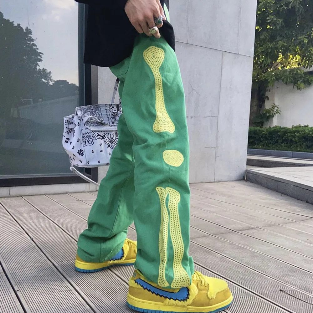 2021 Stylish  Skeleton Embroidery Punk Men Hip Hop Straight Jeans Trousers Loose Vintage Women Green Denim Pants Pantaloni Uomo
