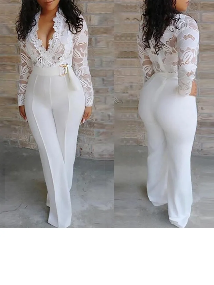 

White Jumpsuit Women Lace Stitching Long Sleeve V-neck Wide Leg Long Pants Office Lady Y2k Clothes Bodycon Monos Mujer Pants
