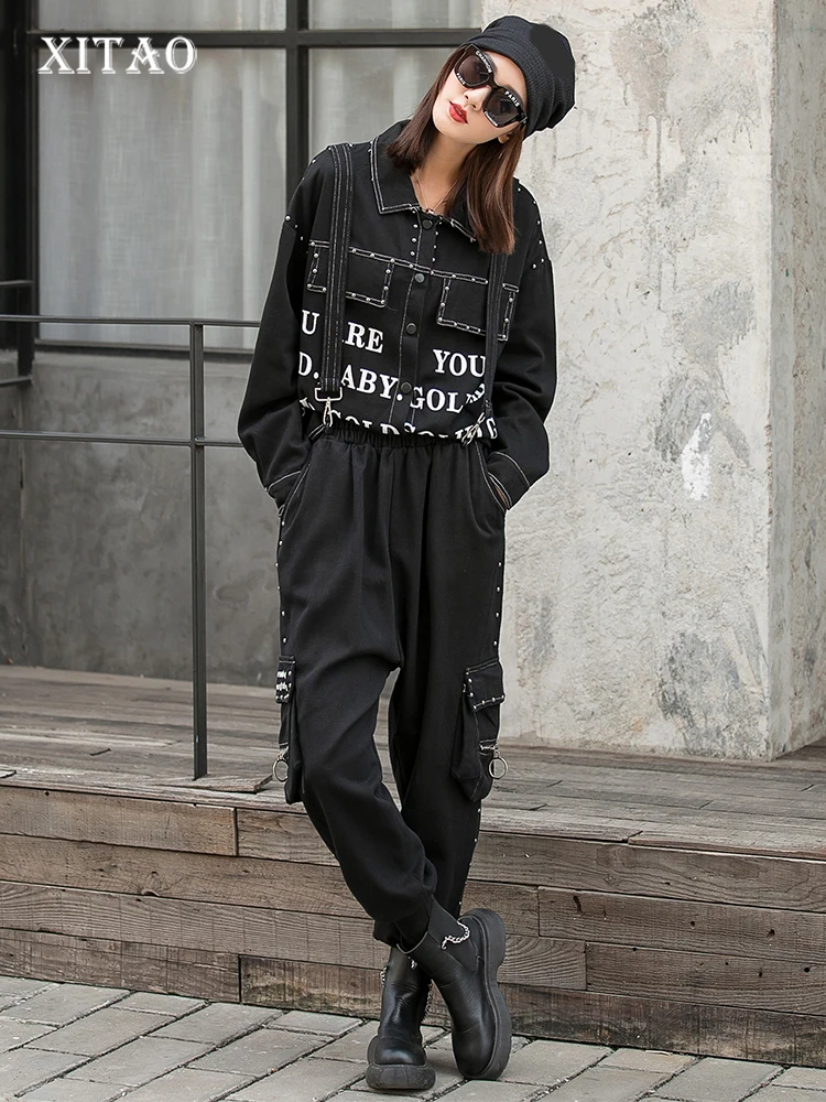 

XITAO Trendy Denim Pants Two Piece Sets Fashion Contrast Color Letter Print Turn-down Collar Coat Top Strap Pants New WLD6804