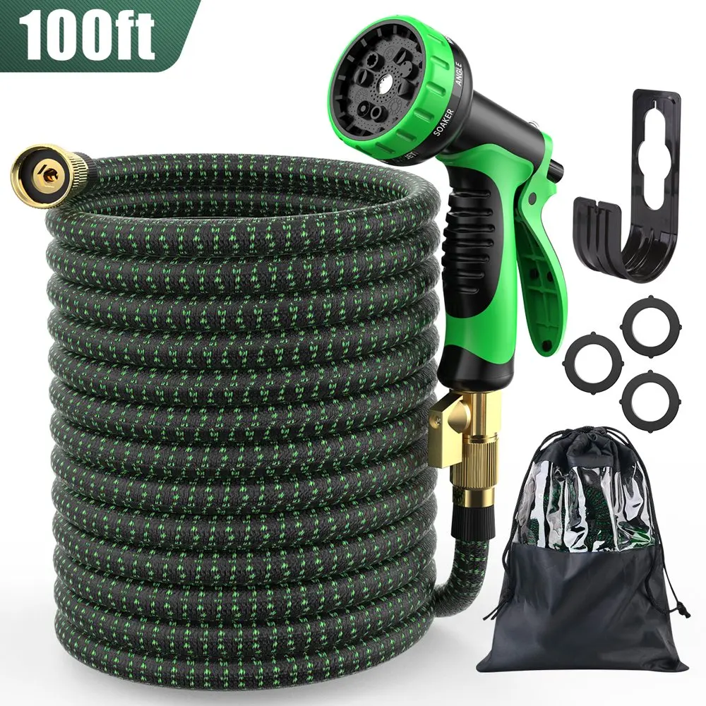 100ft Flexible Garden Hose w/10 Function Nozzles, Telescopic Water Hose with 3 /4 Inch Solid Brass Fittings & Double Latex Core,