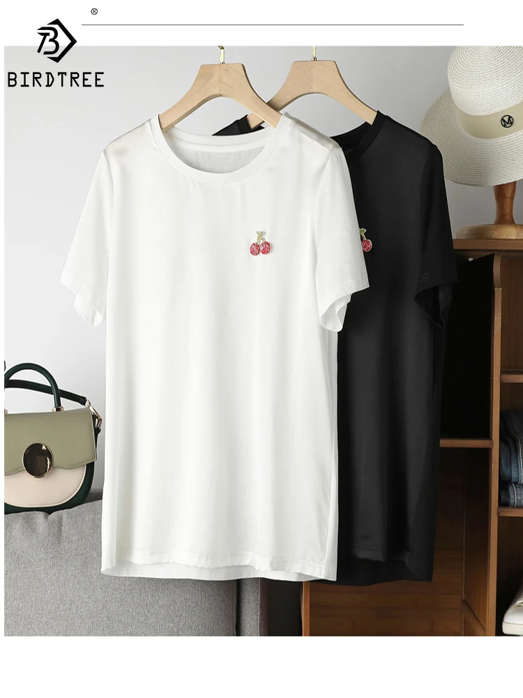 

Birdtree Women Solid T Shirt 100% Real Silk and Cotton 19MM Round Collar Cherry Summer Tee 2023 New Tops Black White T38205QD