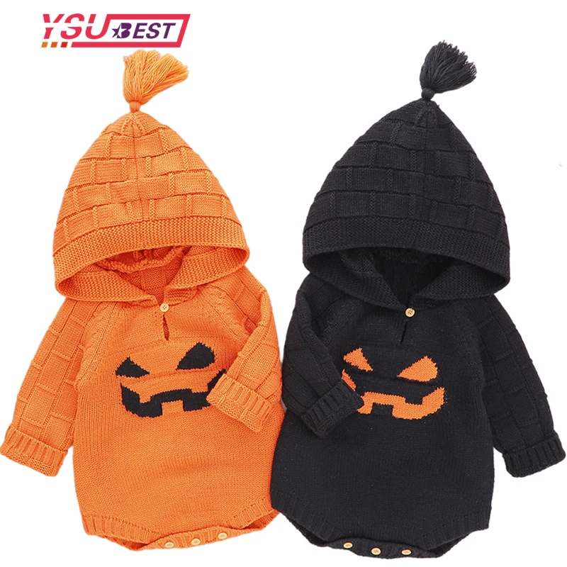 

Детский вязаный комбинезон на Хэллоуин, Одежда для новорожденных, костюм с длинным рукавом и капюшоном с изображением тыквы и лица, комплект детской одежды