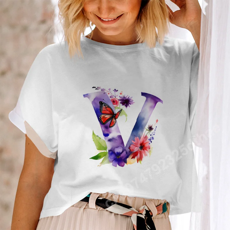 

Butterflies and Flowers Letters Print Women Clothes T-Shirts Graphic Tees Short Sleeve Summer Casual Harajuku Oversized T Shirt