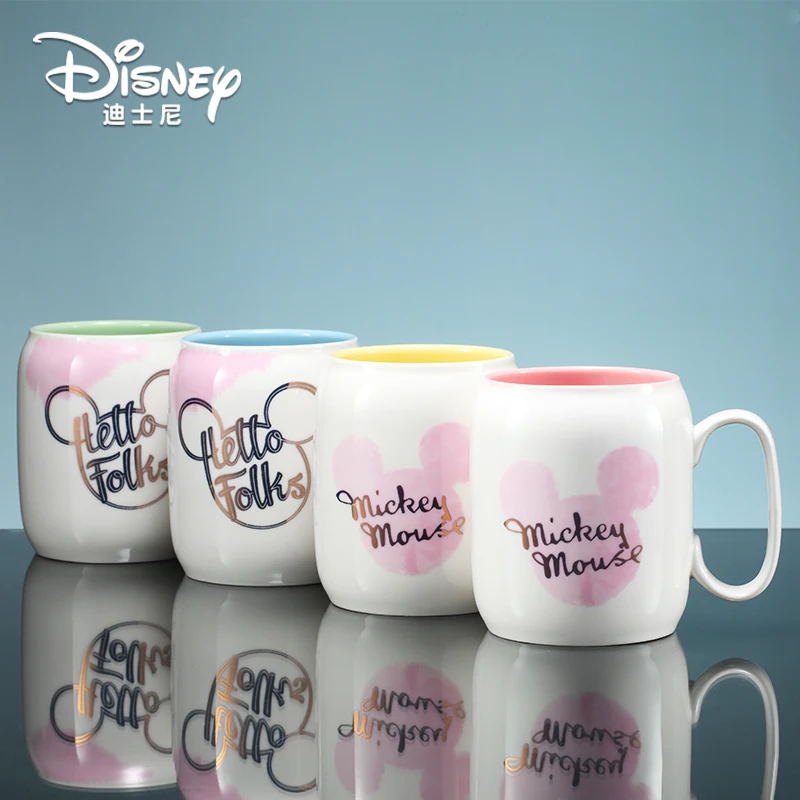 Disney Fashion Ceramic Mug With Lid Spoon Creative Mug Cute Cartoon Milk Mug Mickey And Minnie Water Cup 350ML Office Mug