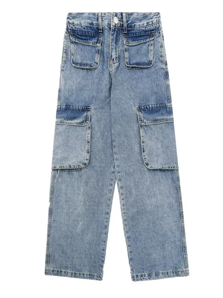 Retro Cargo Pants Multiple Pockets Design Jeans Men Korean Style Washed Blue Denim Wide -leg Pants Boyfriend Boyfriend Men Pants