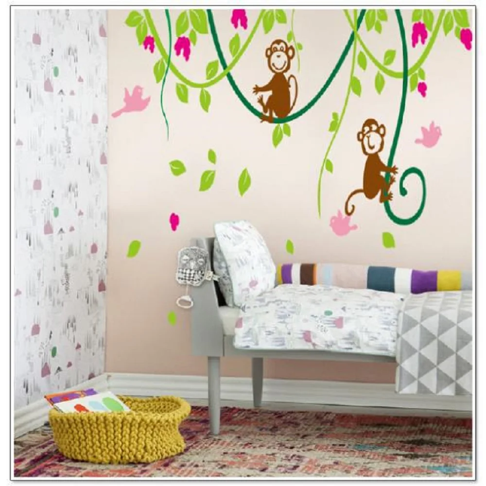 

Green Vine Monkey Cartoon Decals Removable Vinyl Mural Home Docer Wall Sticker