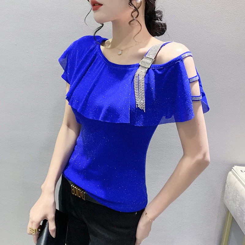 

Футболка женская сетчатая с оборками, ассиметричная рубашка с коротким рукавом и ремешком из искусственных бриллиантов, топ с открытыми плечами