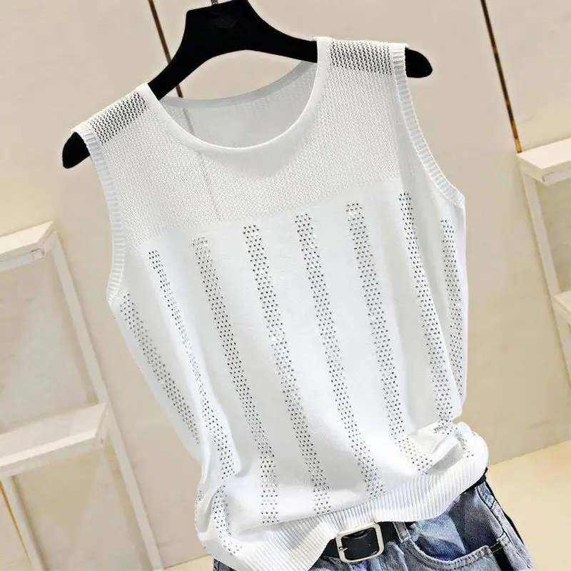 

2022 New Woherb Summer Ice Silk Summer Lady Thin Knitted Vest Women Casual Tank Top Modis Sequined Beading Mesh Shirt White