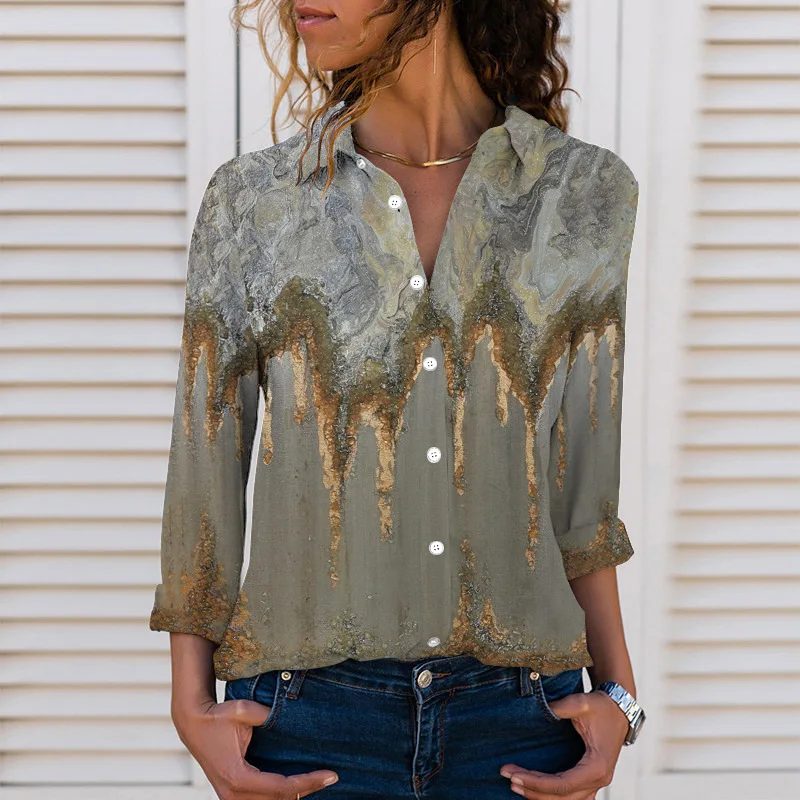 

New Autumn Women Harajuku Shirts Long Sleeve Lapel 3D Printed Tie Dyed Pattern Streewear Tops Female Casual OfficeShirt Clothing