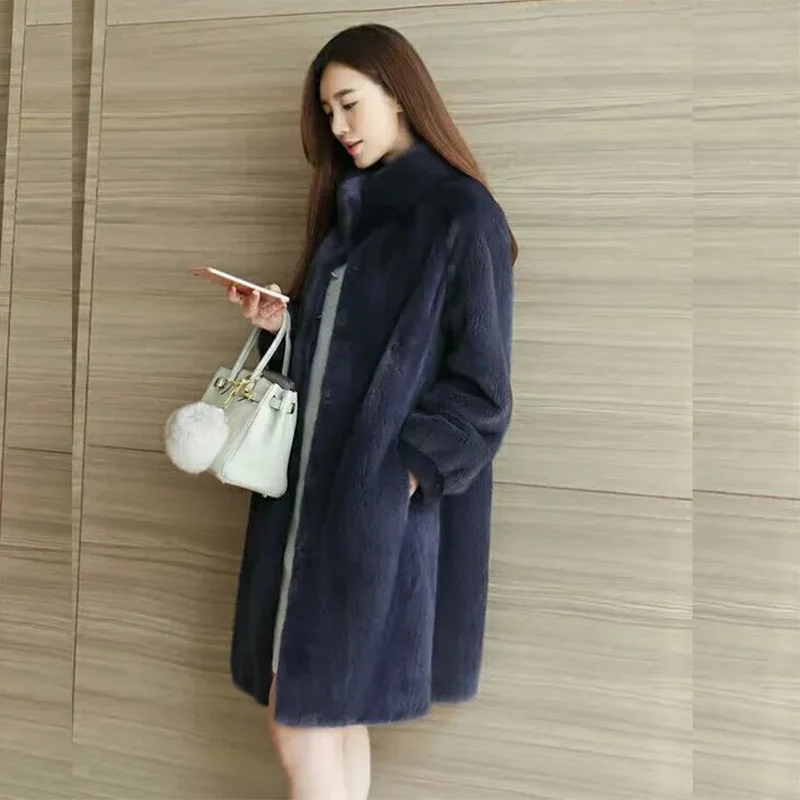 2022 Winter New Faux Fur Coat Women's Mid-Length Imitation Mink Stand Collar Loose Imitation Velvet Thick Warm Plush Coats Femal