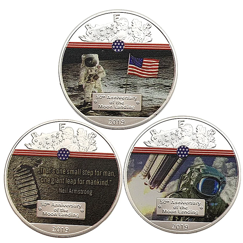 

US 50th Anniversary of the Moon Landing 2019 Silver Plated Commemorative Coin Collect Souvenirs Props Antique Collection