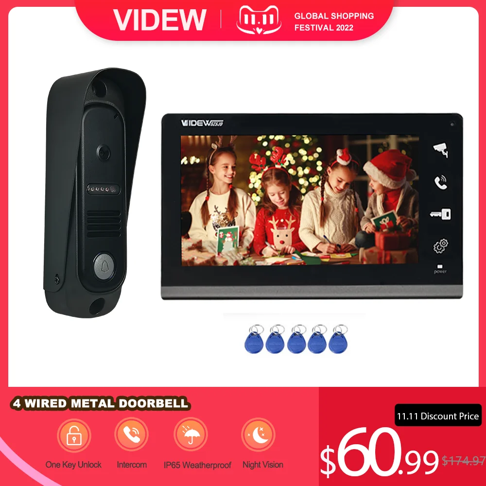 Продажа Видеодомофон VIDEW, 4 проводных звонка с камерой разблокировки RFID, с 7-дюймовым экраном, ночным видением, домашний звонок для виллы