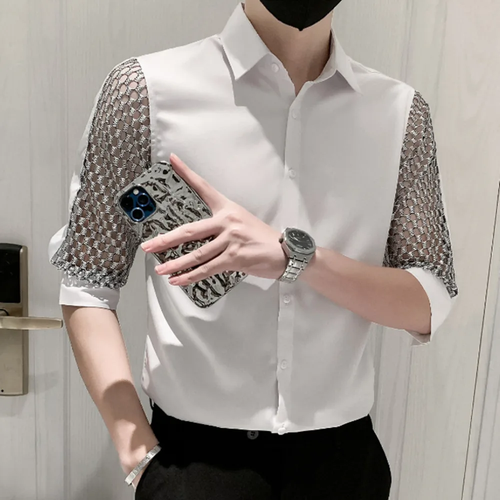 

2022 Sexy Hollow Half Sleeve Shirts Men Slim Fit Streetwear Casual Shirt Nightclub Social Party Tuxedo Stage Singer Men Clothing