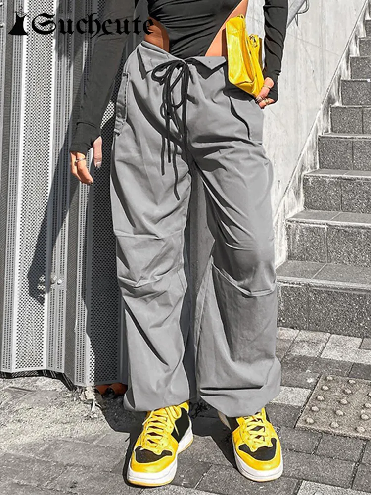 

SUCHCUTE Casual Streetwear Folds Design Women Pants Vintage Low Waist Drawstring Gray Wide Leg Trousers Korean Baggy Bottoms