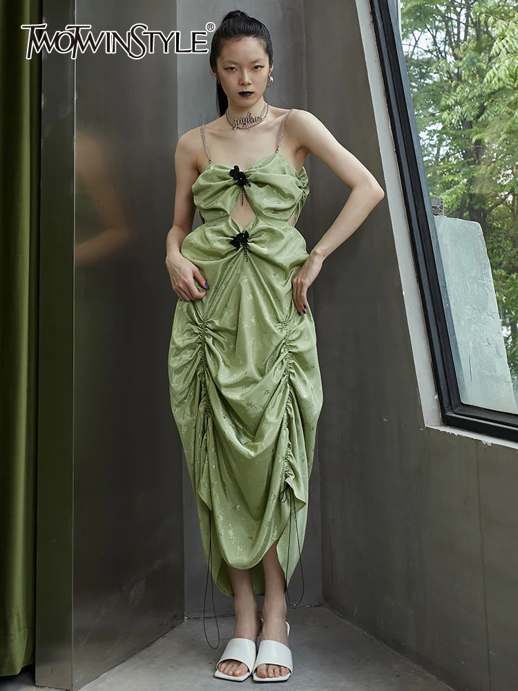 

TWOTWINSTYLE Green Cut Out Dress For Women V Neck Sleeveless High Waist Backless Solid Ruched Evening dresses Female Clothes New