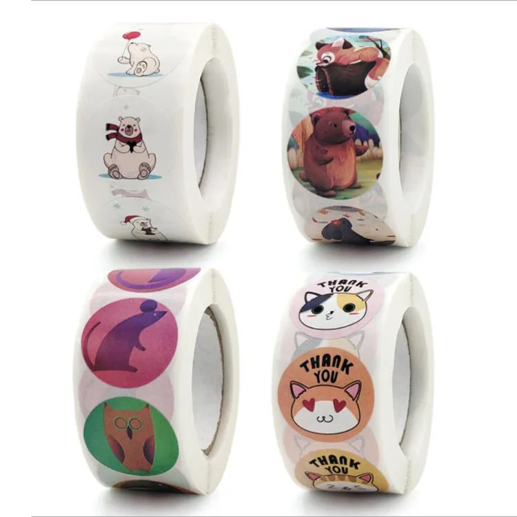 

100/500pcs Roll pack cartoon animal paste thank you stickers baby stickers kindergarten inspirational rewards roll paste