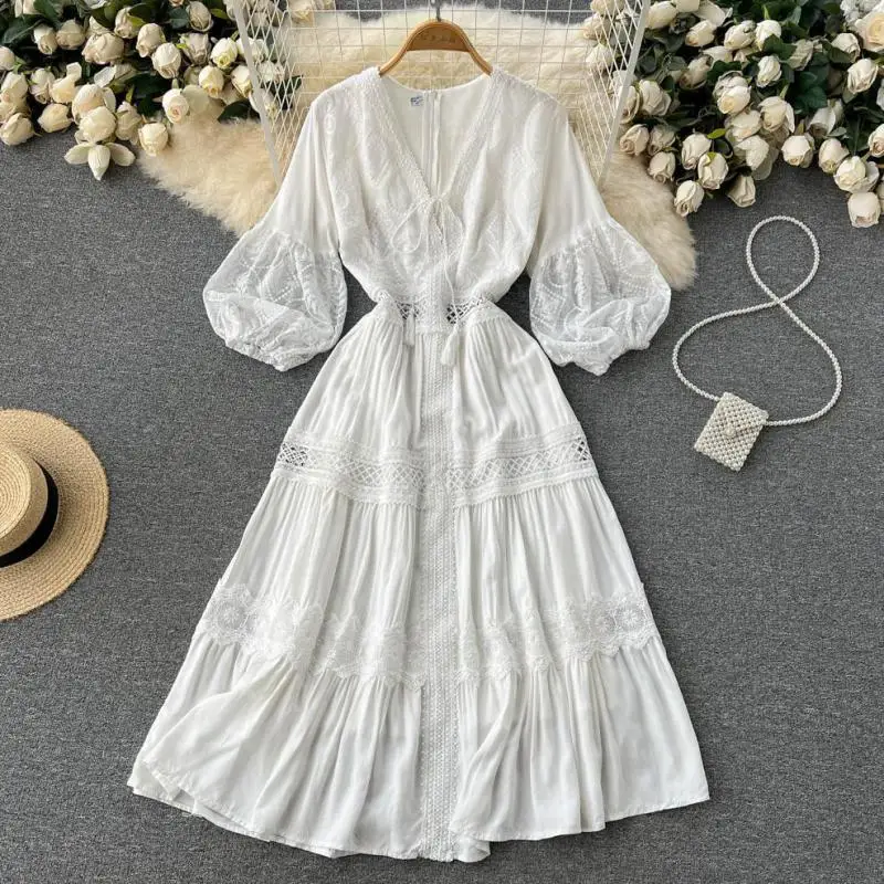 

Летнее женское однотонное жаккардовое платье WEIHAOBANG2022 с V-образным вырезом и 9-точечным рукавом, короткое повседневное свободное платье с вы...