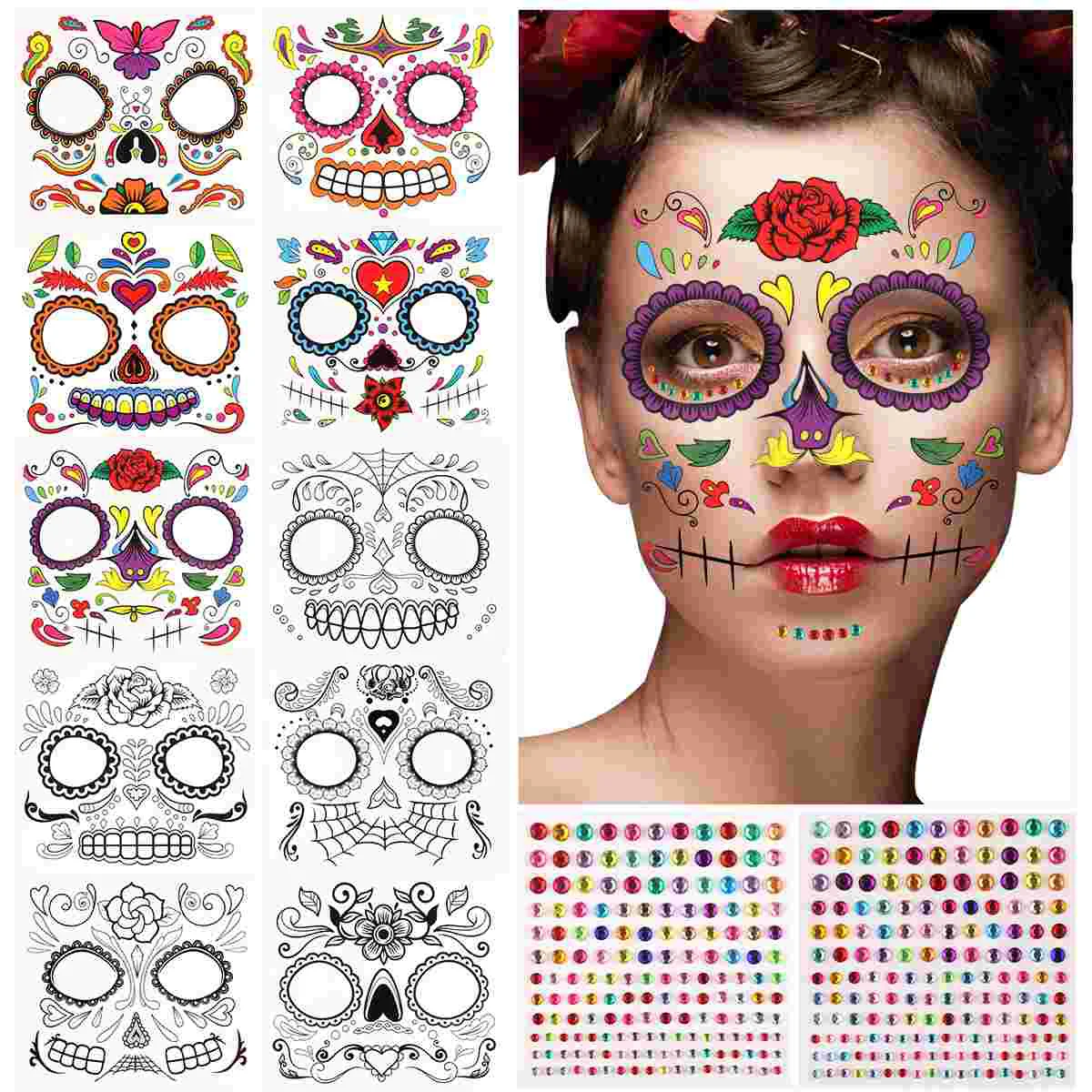 

FRCOLOR 10 Sheets Halloween Temporary Tattoos Waterproof Long Lasting Face Tattoos with 2 Sheets Face Gems Unique Charming