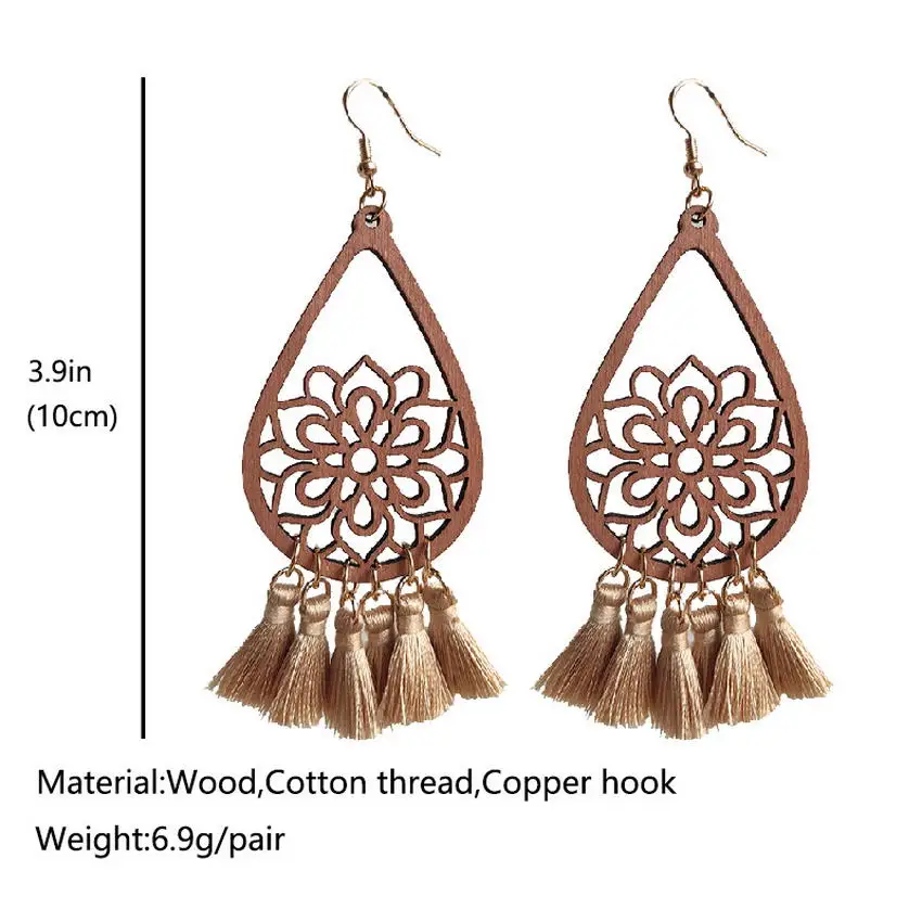 Деревянные серьги-кисточки с вырезами в виде цветка лотоса для женщин Эффектные