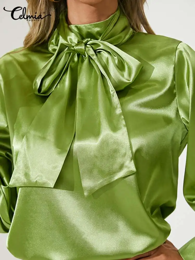 Celmia 2022 Fashion Women Bow Tie Blouses Spring Casual Tops Elegant Satin Lantern Sleeve Office Lady Shirts Blusas Femininas images - 6