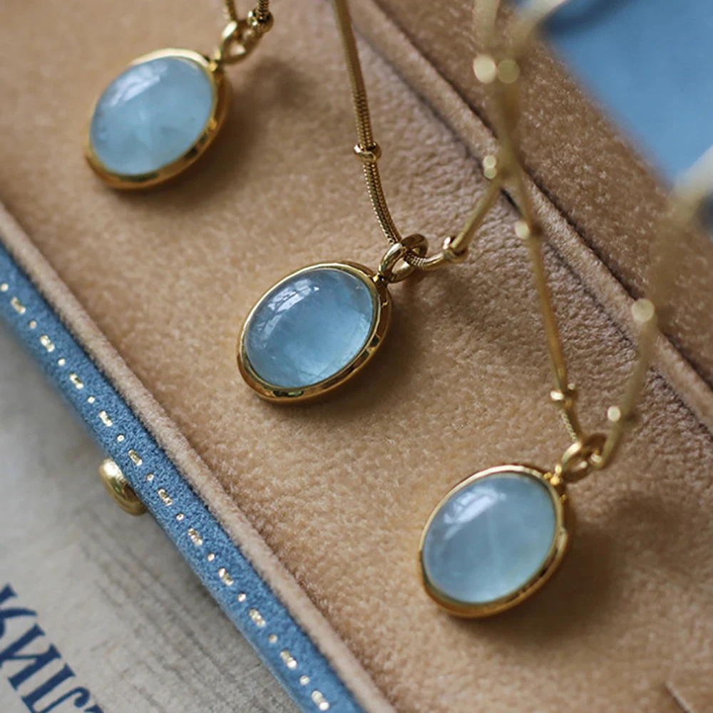 

Trendy Necklace For Women 18K Gold Plated Jewelry Ellipse Shape Aquamarine Pendant Neck Ornament Engagement Wholesale