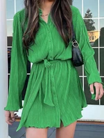 casual single breasted long sleeve button up green shirt dress with belt for women 2022 autumn y2k elegant loose mini dresses